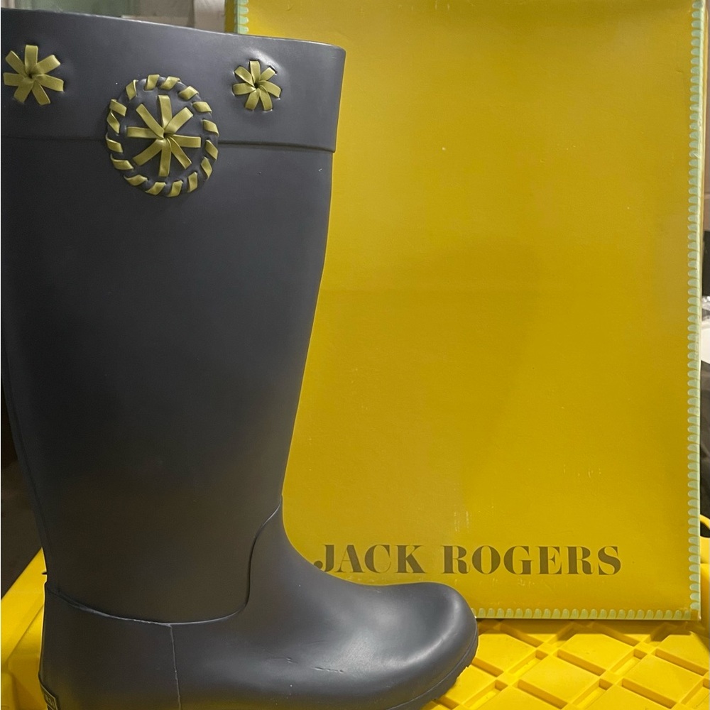 Jack Rogers Navy Blue Rain Boots with Olive Green Whipstitch Accents